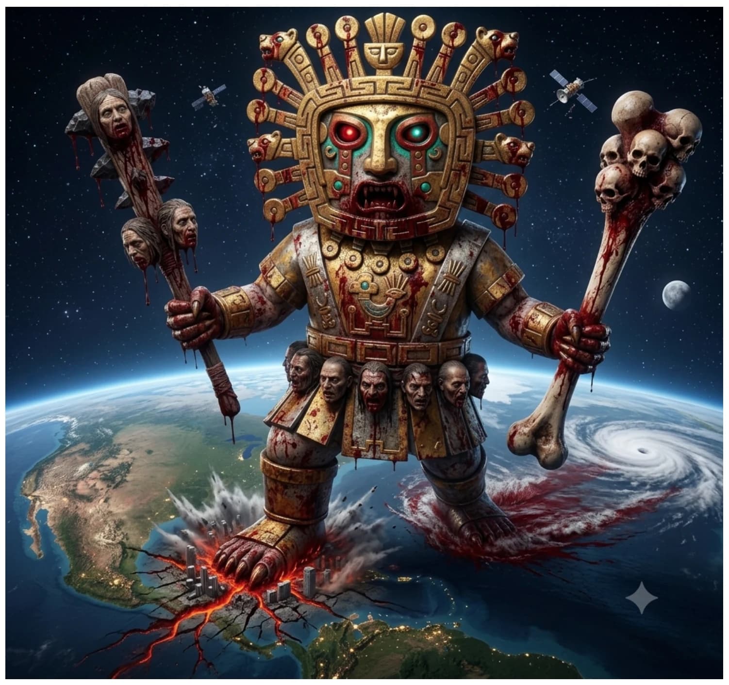 AI-generated Viracocha figure above the Earth